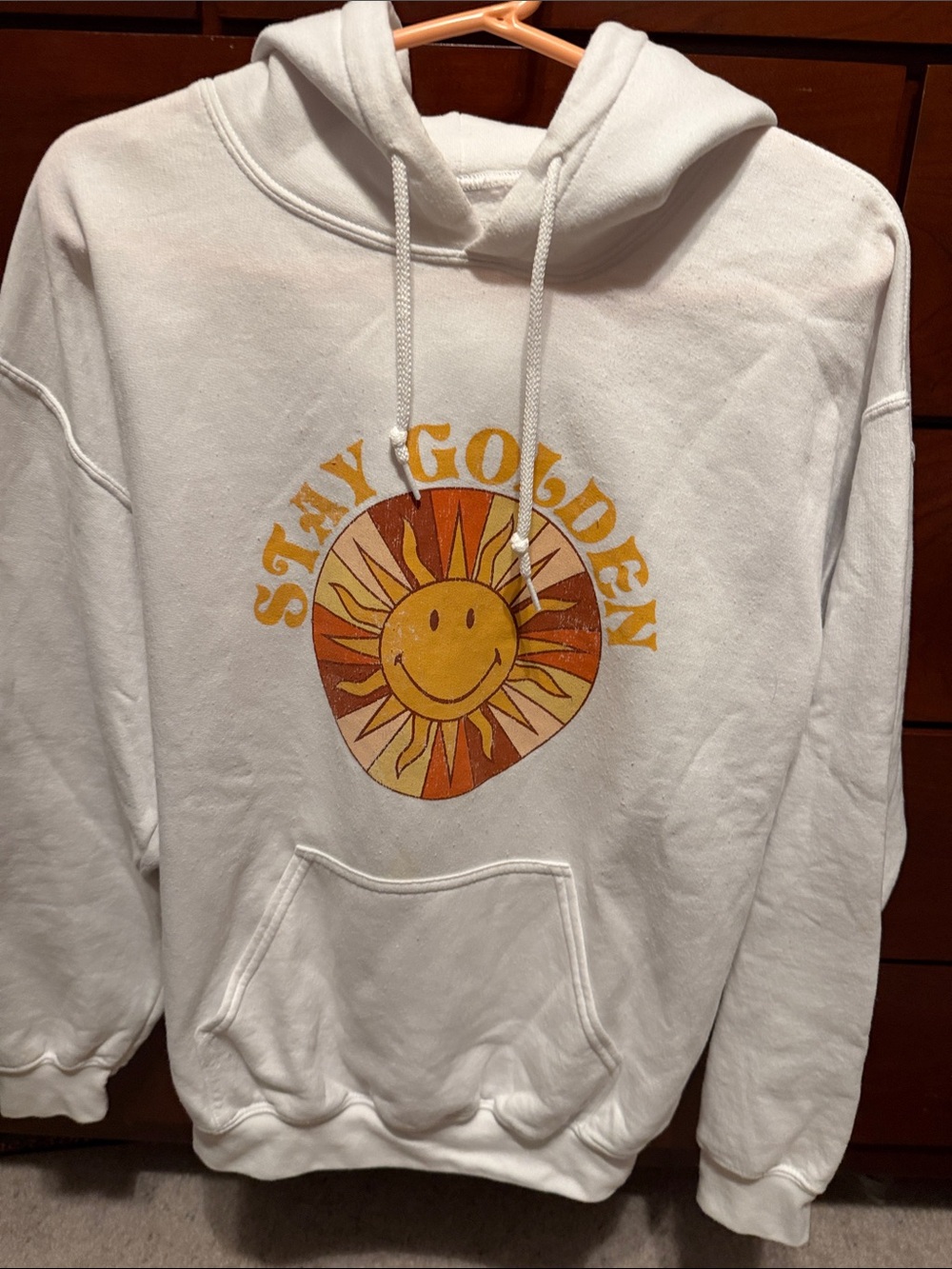 Stay Golden White Graphic Hoodie with Sun Motif, graphic w/some distress